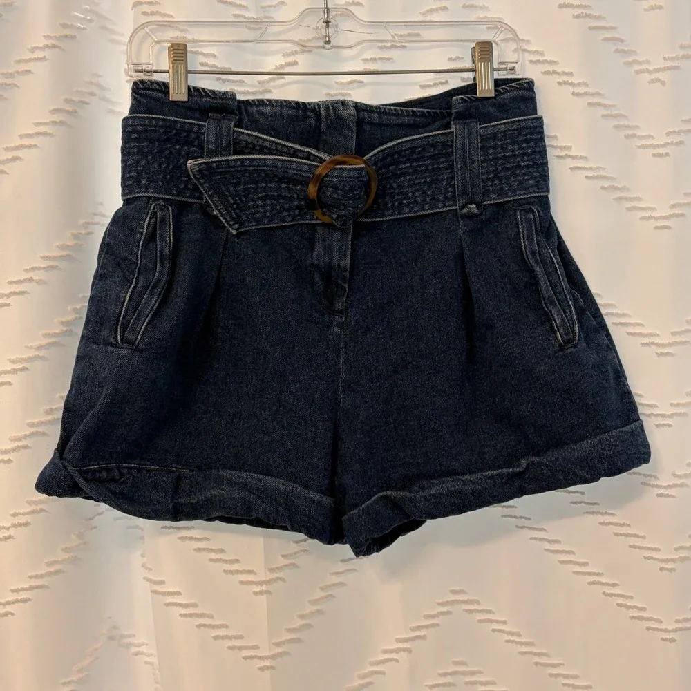 Sezane Rome Denim Shorts Dark Indigo High Waist Belted Paperbag Cuffed Blue 40